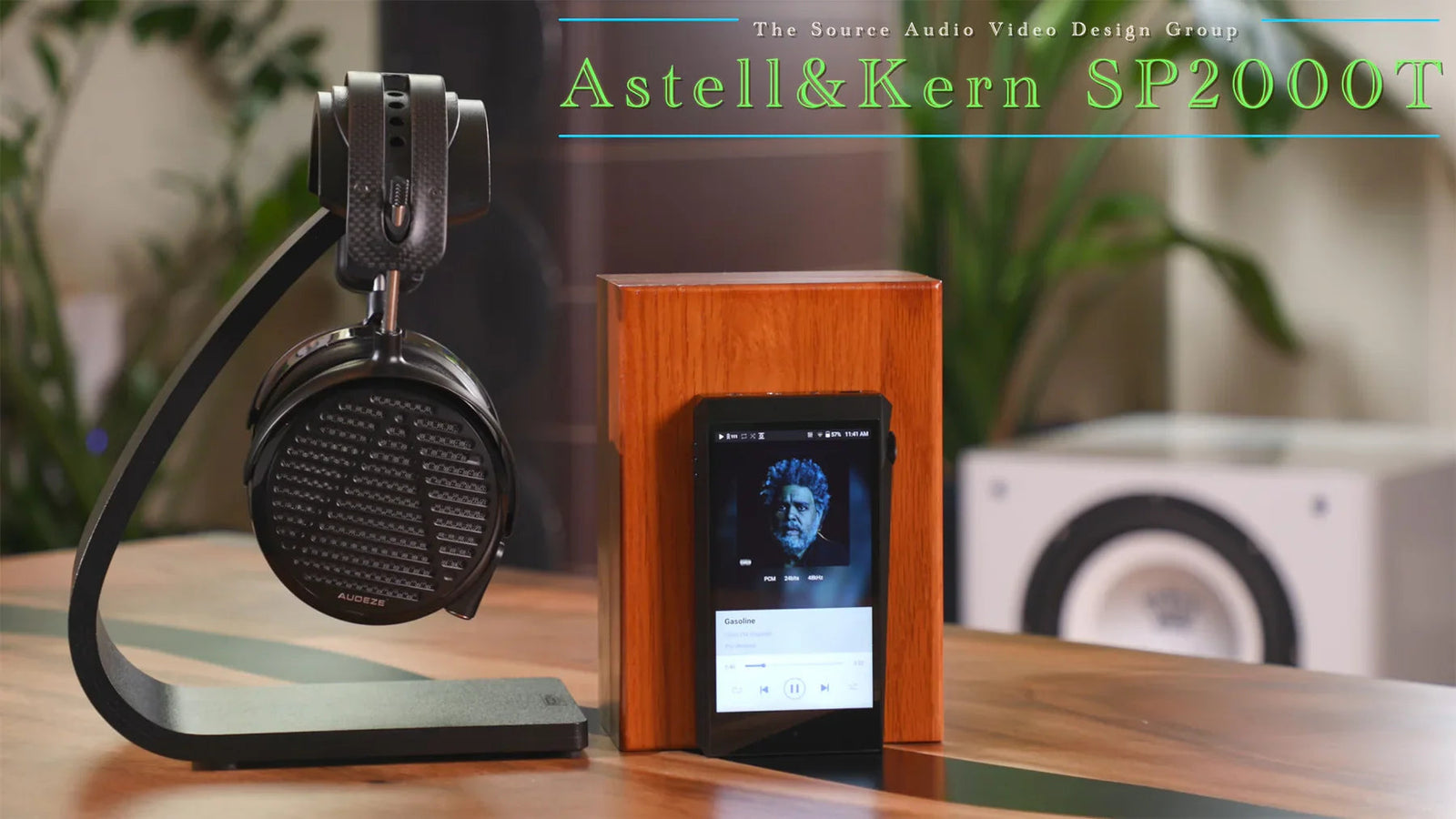 Astell&Kern SP2000T portable audio player with large headphones on stand at The Source AV