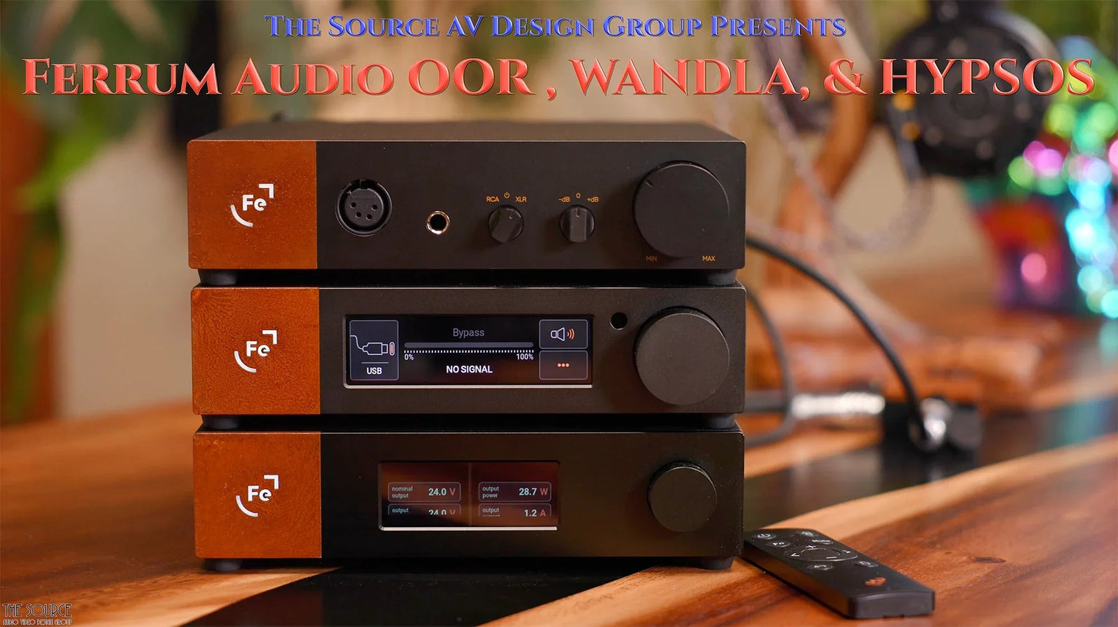 Ferrum Audio OOR headphone amp, Wandla DAC, and Hypsos power supply on wood table at The Source AV.