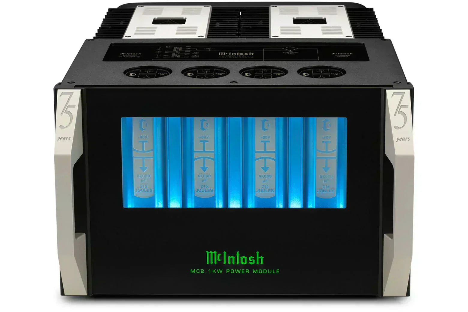 McIntosh MC2.1KW power amplifier module with blue-lit capacitors, 75th anniversary design