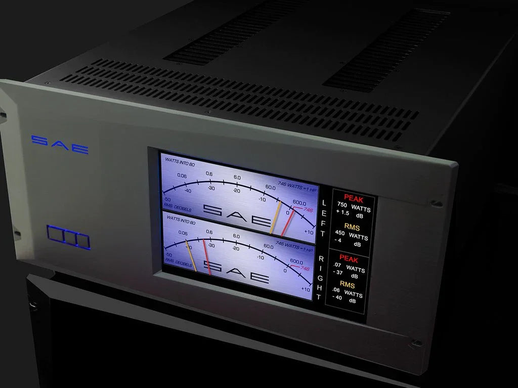 SAE audio power amplifier with illuminated VU meters and digital wattage display, high-end AV gear