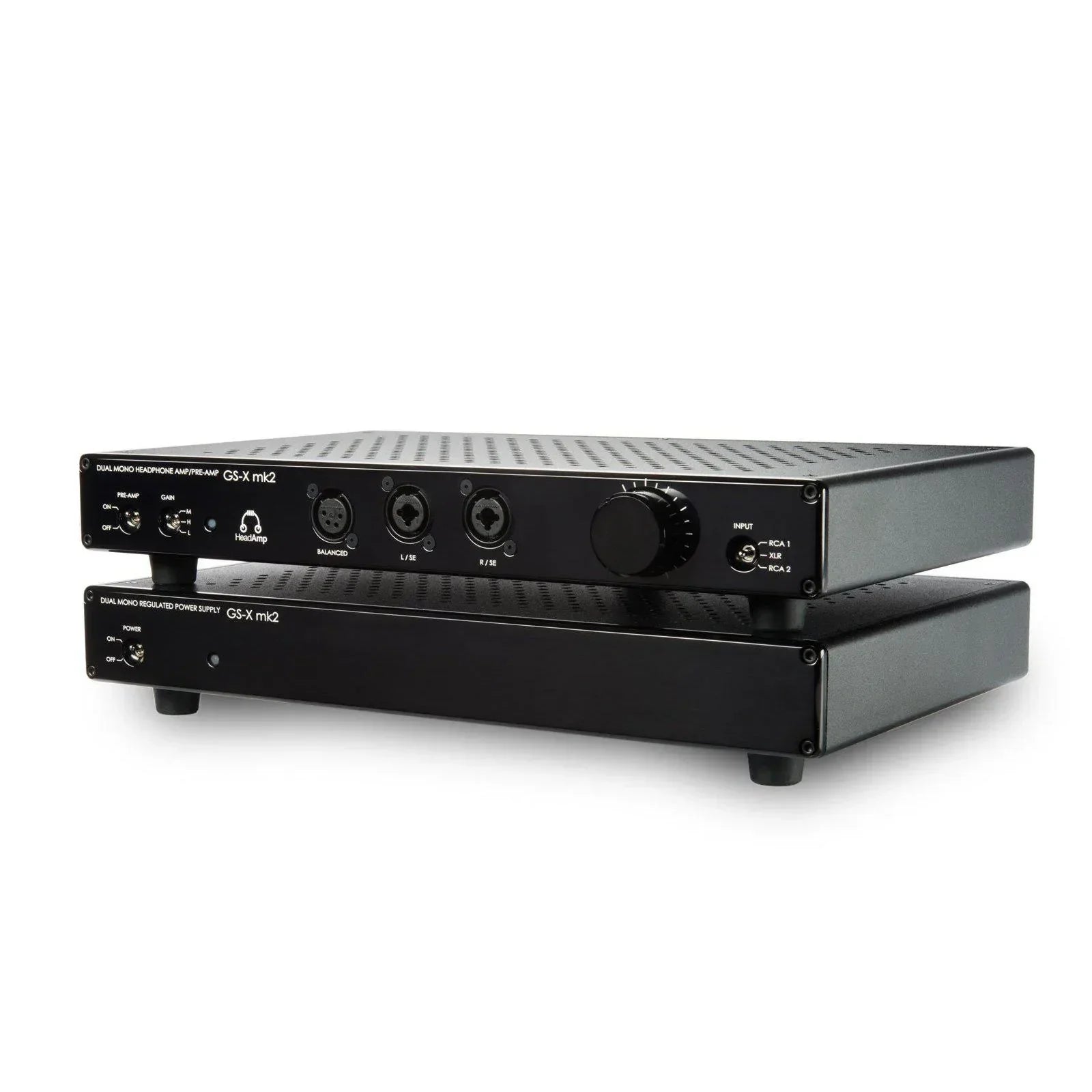 GS-X mk2 dual mono headphone amplifier and power supply on white background, high-end audio equipment