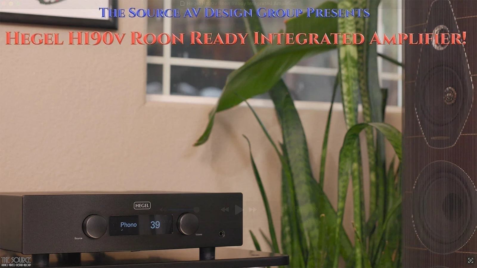 Hegel H190V Roon Ready integrated stereo amplifier on shelf with speaker and plants, The Source AV