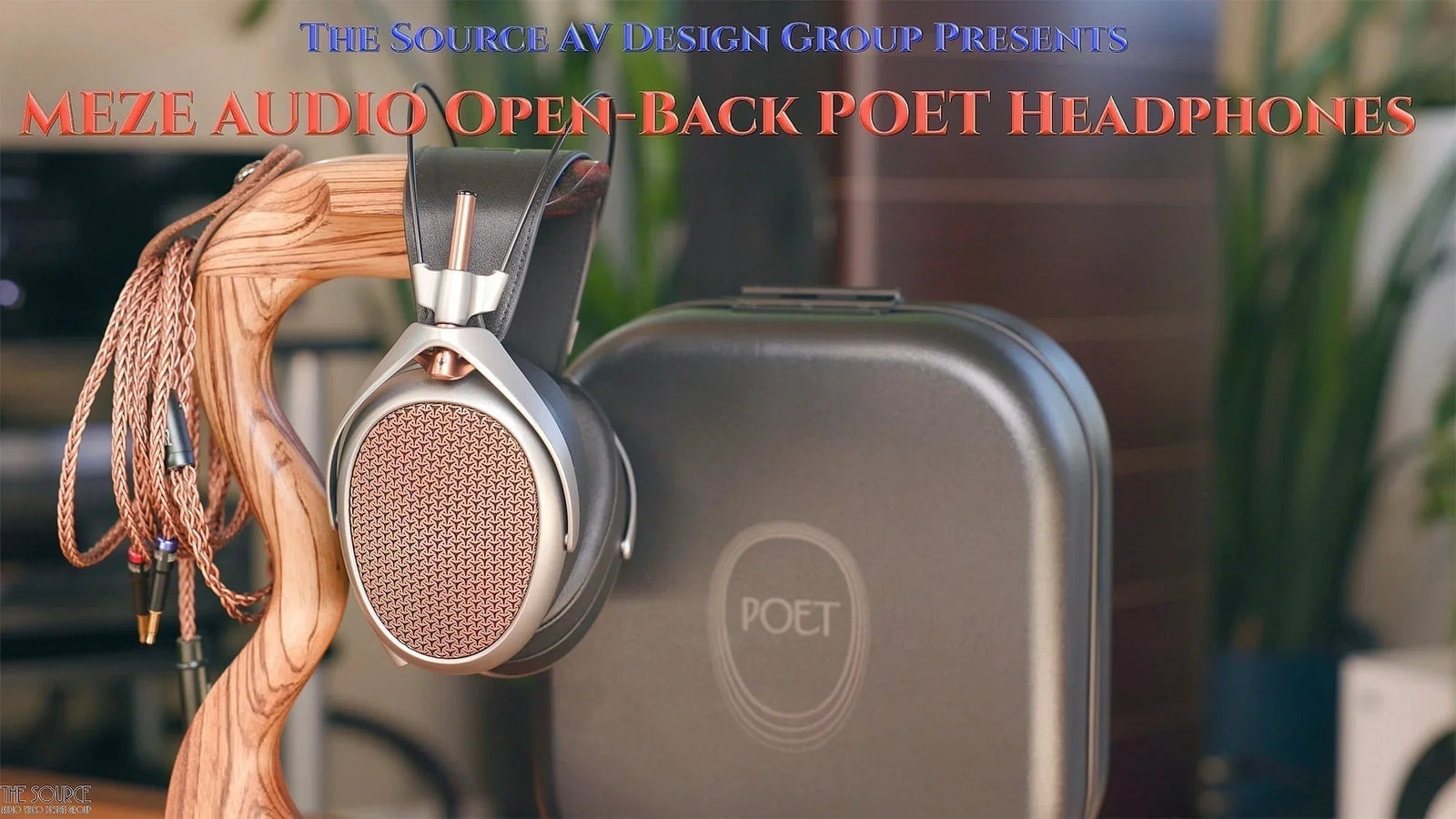 Meze Audio POET open-back planar magnetic headphones on wooden stand with carry case at The Source AV