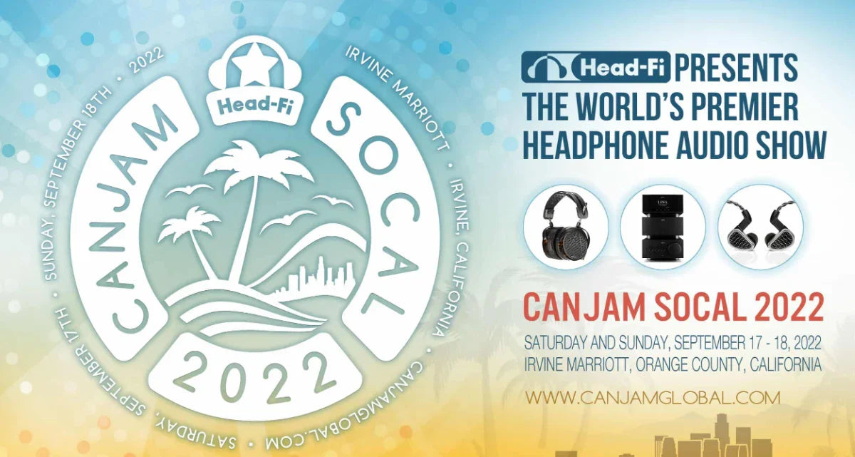 CanJam SoCal 2022 promo graphic for headphone audio show in Irvine, California, with logos and headphone images.